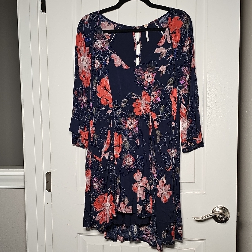 Free People Sz 8 Navy Floral 3/4 Sleeve Dress